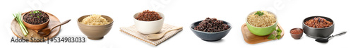 Collage of tasty boiled quinoa in bowls on white background