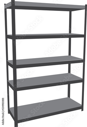 3D vector mockup of black empty cabinet with shelves on white wall. Kitchen furniture or bookshelf for office and home. Shop, gallery showcase. Blank retail storage space. Interior design furniture
