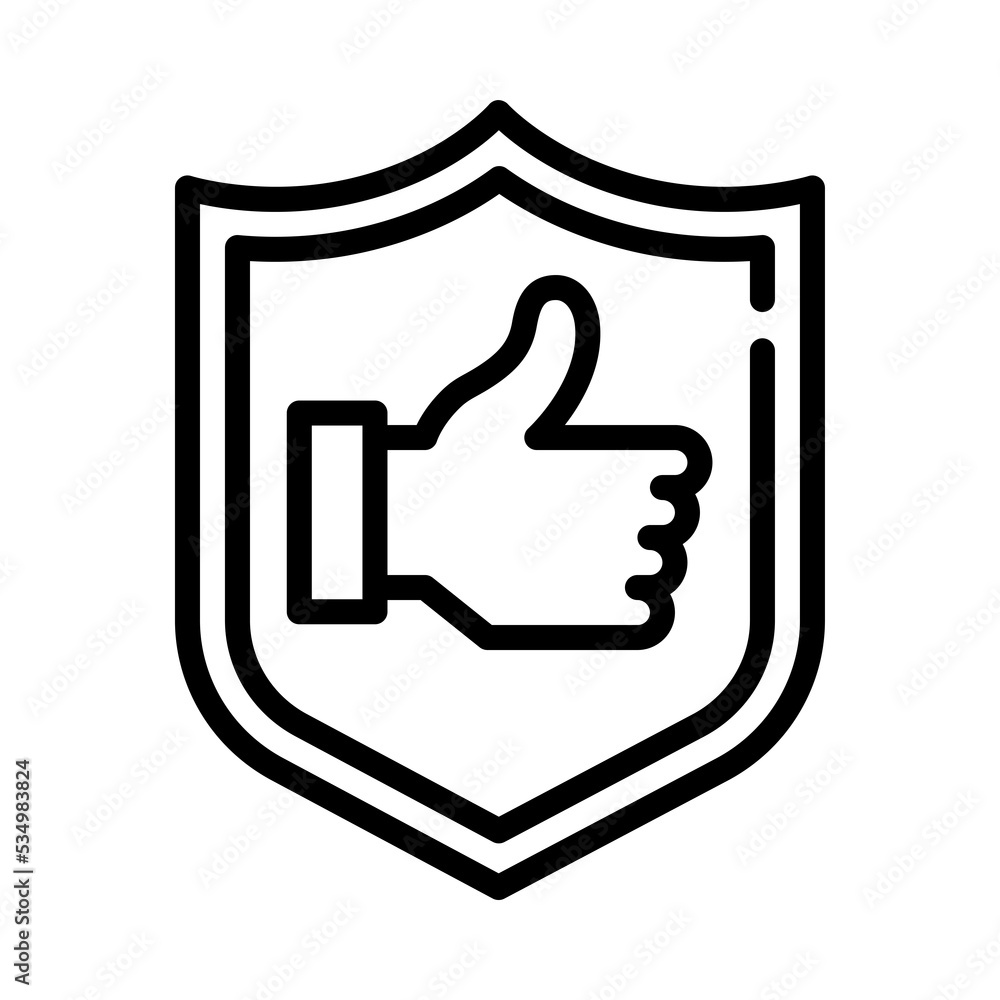 Obraz premium Guarantee icon. Outline design. Thump up guarantee certificate with shield. Recommended, bests quality.