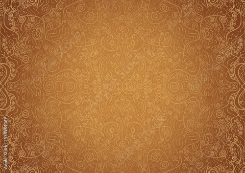 Hand-drawn unique abstract ornament. Light yellow on a darker yellow background, with vignette of same pattern in golden glitter on a darker background color. Paper texture. A4. (pattern: p06a)