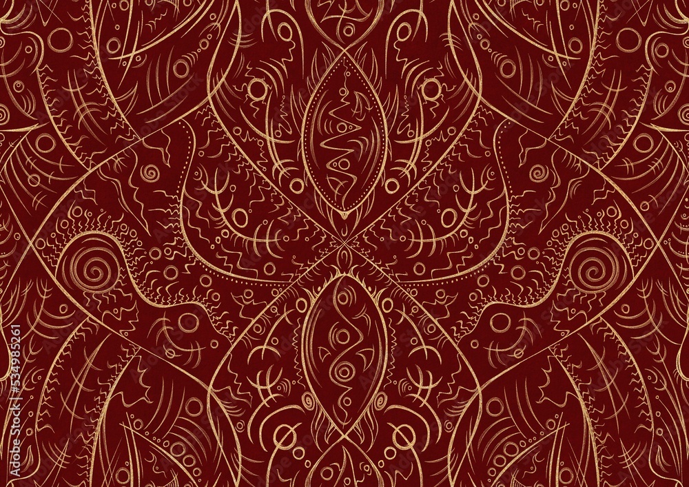 Hand-drawn unique abstract symmetrical seamless gold ornament on a deep red background. Paper texture. Digital artwork, A4. (pattern: p08-2a)