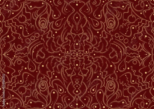 Hand-drawn unique abstract symmetrical seamless gold ornament on a deep red background. Paper texture. Digital artwork, A4. (pattern: p07-2a)