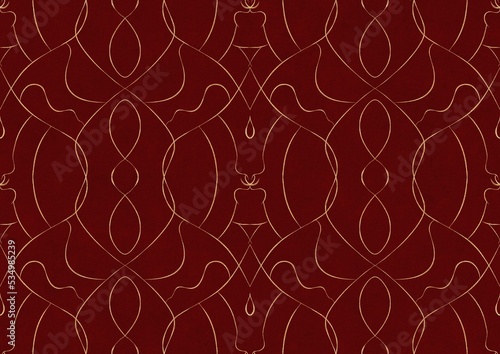 Hand-drawn unique abstract symmetrical seamless gold ornament on a deep red background. Paper texture. Digital artwork, A4. (pattern: p08-1b)