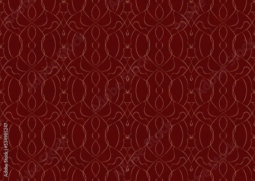 Hand-drawn unique abstract symmetrical seamless gold ornament on a deep red background. Paper texture. Digital artwork, A4. (pattern: p08-1c)