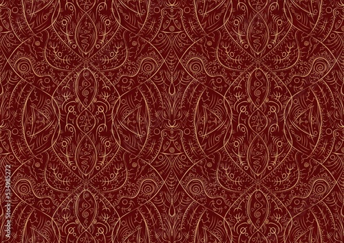 Hand-drawn unique abstract symmetrical seamless gold ornament on a deep red background. Paper texture. Digital artwork, A4. (pattern: p08-2b)