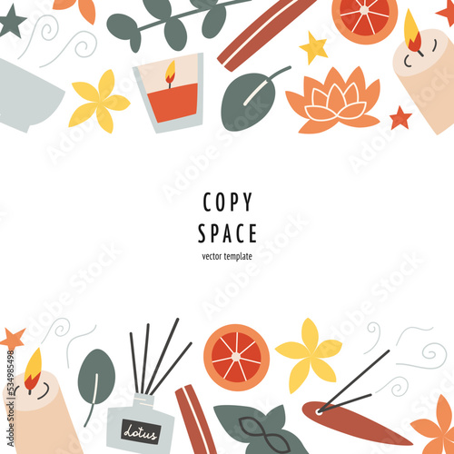 Aromatherapy square template, composition with copy space, vector arrangement with candles, aroma sticks, fragrance diffuser doodles, poster and card design, items for meditation and relaxation