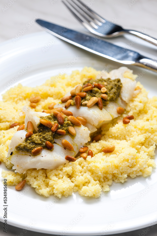 cod with green pesto and pine seeds with couscous cod with green pesto and pine seeds with couscous