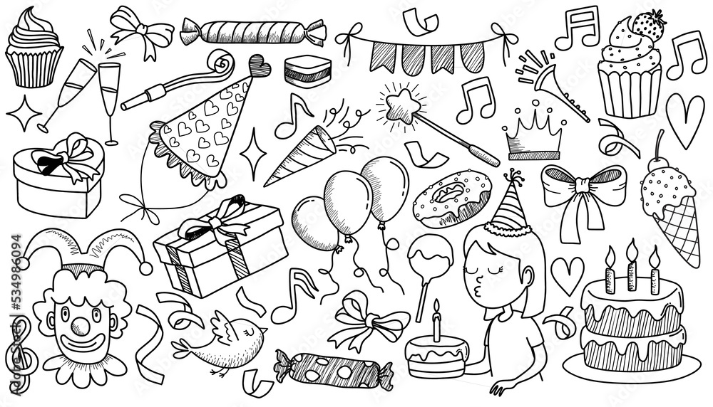 Obraz premium set of doodle cartoon objects and symbols on the birthday party.