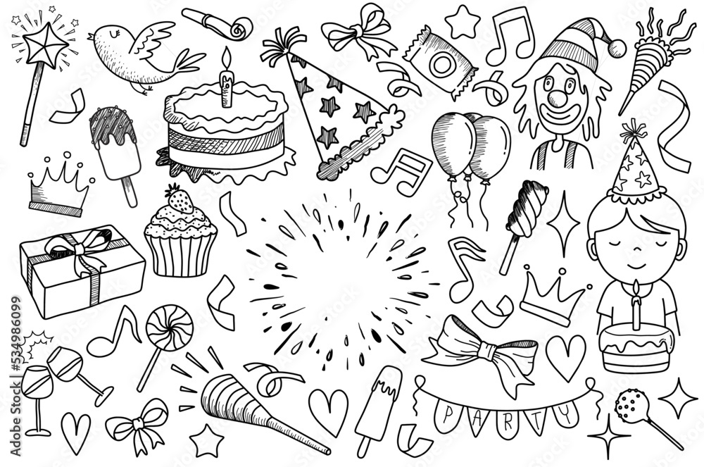  set of doodle cartoon objects and symbols on the birthday party.