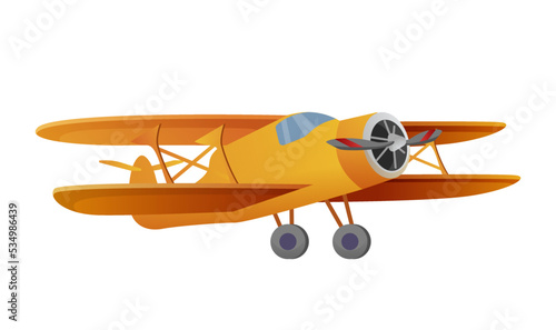 Light engine airplane with propeller isolated on white background. Aircraft flight transport. Air transportation of passengers. Orange plane for processing fertilizers on fields. Vector illustration