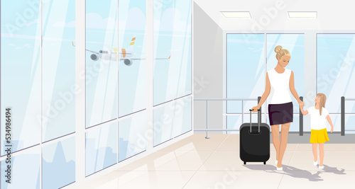 Woman with daughter, young girl inside airport terminal banner. Lady and child passengers with black suitcase waiting departure in hall poster. Aircraft, airplane outside window. Vector illustration