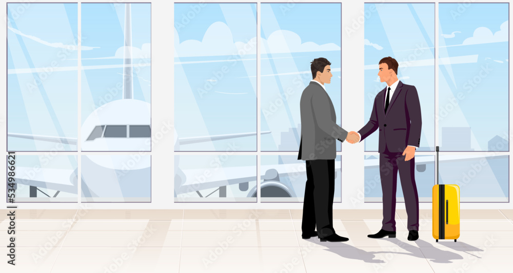 Business men handshake in airport terminal interior. Man in black suit, passenger in departure hall with luggage. White Aircraft, airplane front outside window. Flat banner poster. Vector illustration
