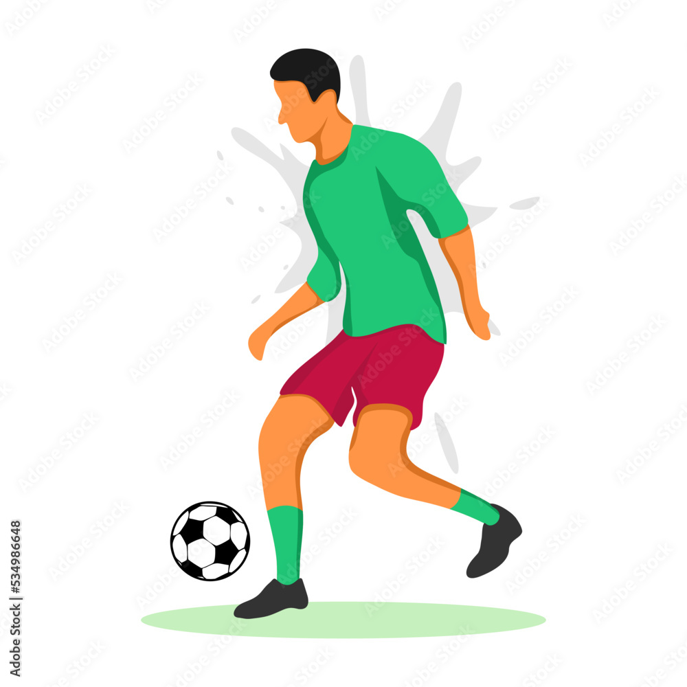 Flat style football player dribbling a ball. Vector illustration