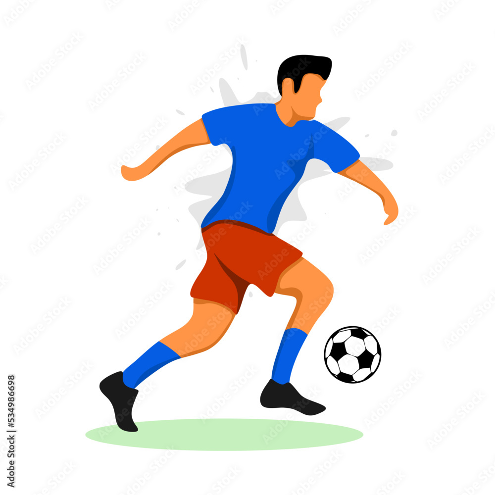 Football player in blue shirt and kicking the ball. Vector illustration