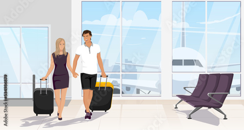 Passengers man and woman in arrival, departure hall with suitcase luggage. Happy tourist family in airport terminal interior. Aircraft, airplane on background. Time to travel. Flat Vector illustration