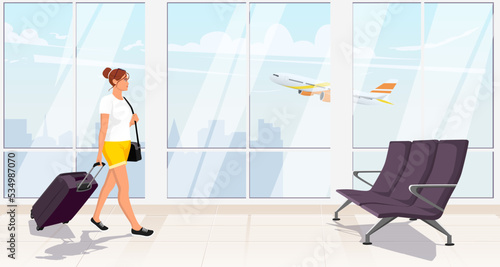 Woman tourist inside interior of airport terminal banner. Lady passenger with black big suitcase waiting departure in lounge hall poster. Aircraft, airplane flies outside window. Vector illustration