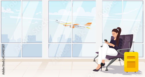 Business woman in airport terminal interior. Lady passenger wait departure in hall with yellow luggage. Aircraft, airplane outside big window. Time to travel flat banner, poster. Vector illustration