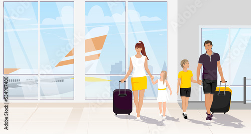 Happy tourist family with children, young boy, girl in airport terminal interior. Passangers in arrival, departure hall with luggage. Aircraft, airplane background. Time to travel. Vector illustration