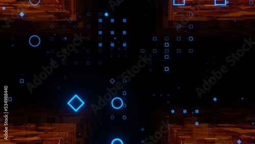 Digital Cyberspace with Particles and Digital Data Network Connections. Big Data Digital tunnel square with futuristic matrix., Seamless animation 3d model and illustration.
