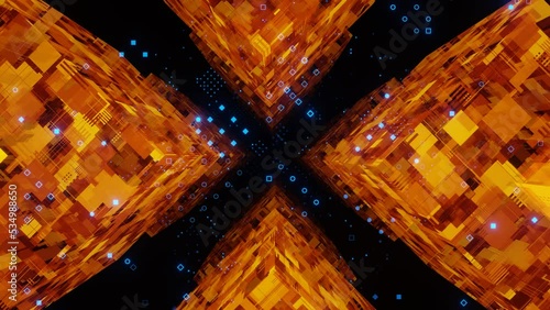 Digital Cyberspace with Particles and Digital Data Network Connections. Big Data Digital tunnel square with futuristic matrix., Seamless animation 3d model and illustration.