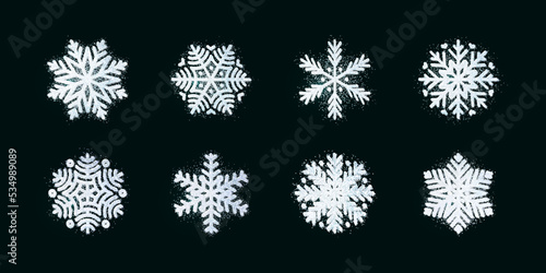 Set of original snowflake shapes isolated on black background. Ornament, decoration for merry christmass or happy new year party celebration. Frozen snow flakes, banner silhouette. Vector illustration