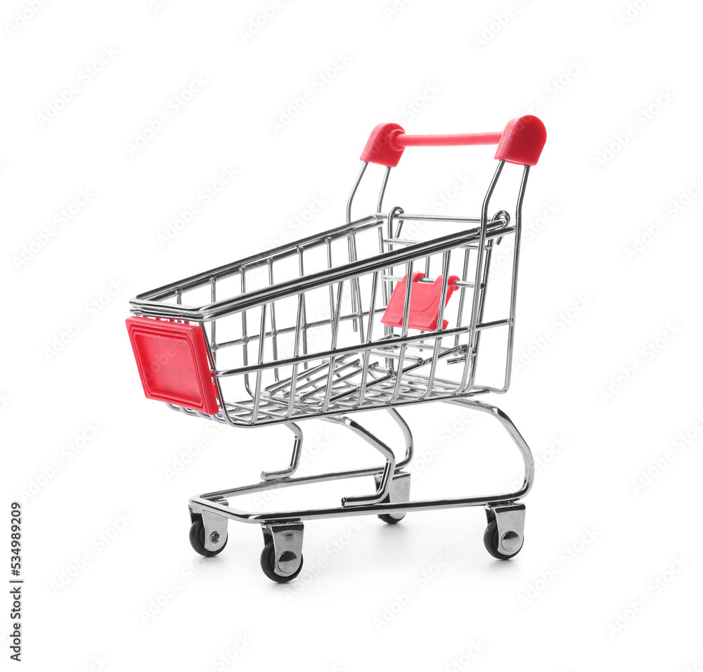 Empty red shopping cart on white background