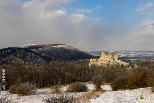 Palava winter landscape with Sirotci hradek ruins, Southern Moravia, Czech Republic photo