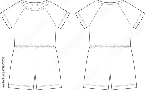 Cotton oversized raglan jumpsuit technical sketch. Women's romper design template.