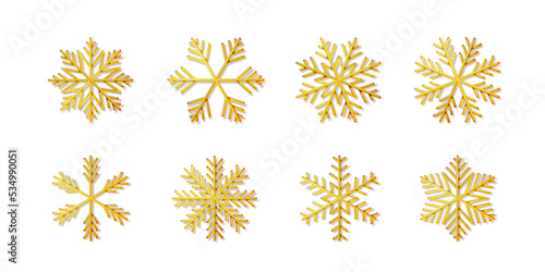 Golden set of snowflakes shapes isolated on white background. Modern design ornate decoration for Christmas or new year party, celebration. Silhouette of frozen snow flakes icons. Vector illustration