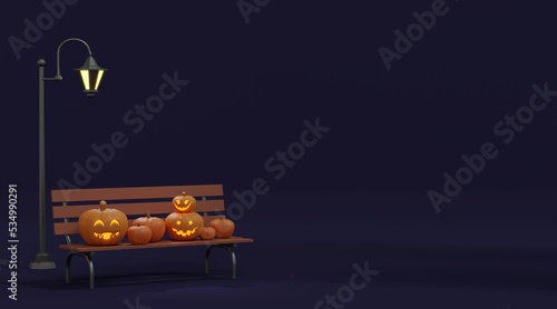 3d rendering Halloween background with pumpink on bench