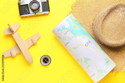 World map, photo camera, wo...