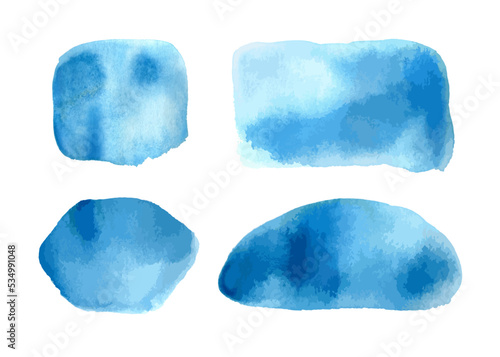 Set of blue watercolor brush strokes, textures,shapes,abstract backgrounds,frame for text.Collection of decorative elements on white background.Vector illustration