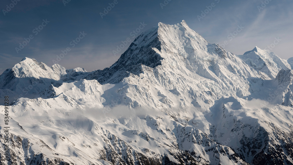 The beautifully glaciated Aoraki Mount Cook viewed from a helicopter in New Zealand.