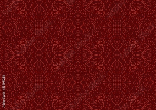 Hand-drawn unique abstract symmetrical seamless ornament. Bright red on a deep red background. Paper texture. Digital artwork, A4. (pattern: p07-1b)