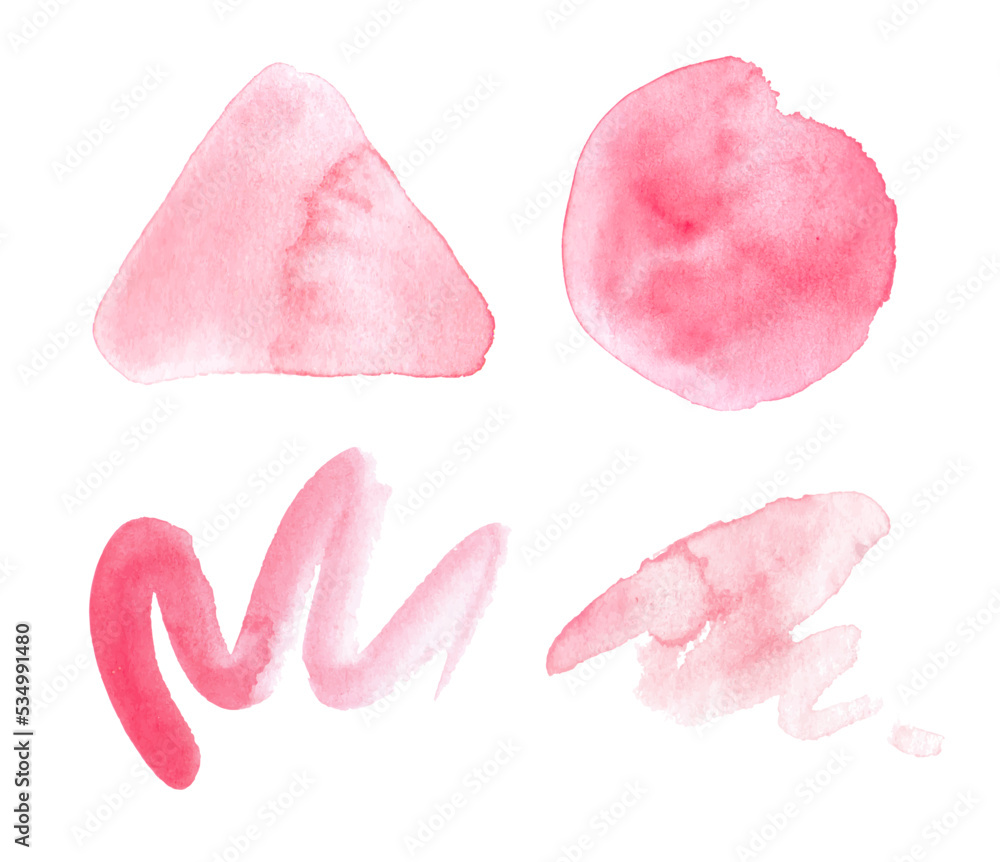 Set of pink watercolor brush strokes, textures,shapes,abstract backgrounds,frame for text.Collection of decorative elements on white background.Vector illustration