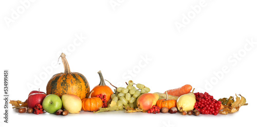 Composition with different fruits, vegetables and berries on white background. Harvest festival
