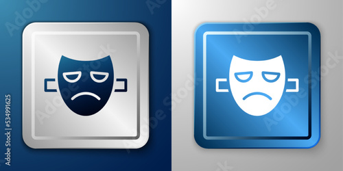 White Drama theatrical mask icon isolated on blue and grey background. Silver and blue square button. Vector