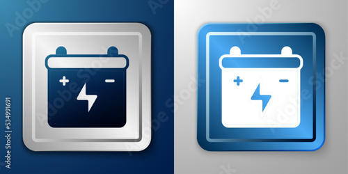 White Car battery icon isolated on blue and grey background. Accumulator battery energy power and electricity accumulator battery. Silver and blue square button. Vector