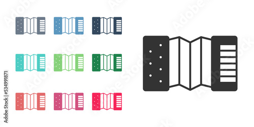 Black Musical instrument accordion icon isolated on white background. Classical bayan, harmonic. Set icons colorful. Vector