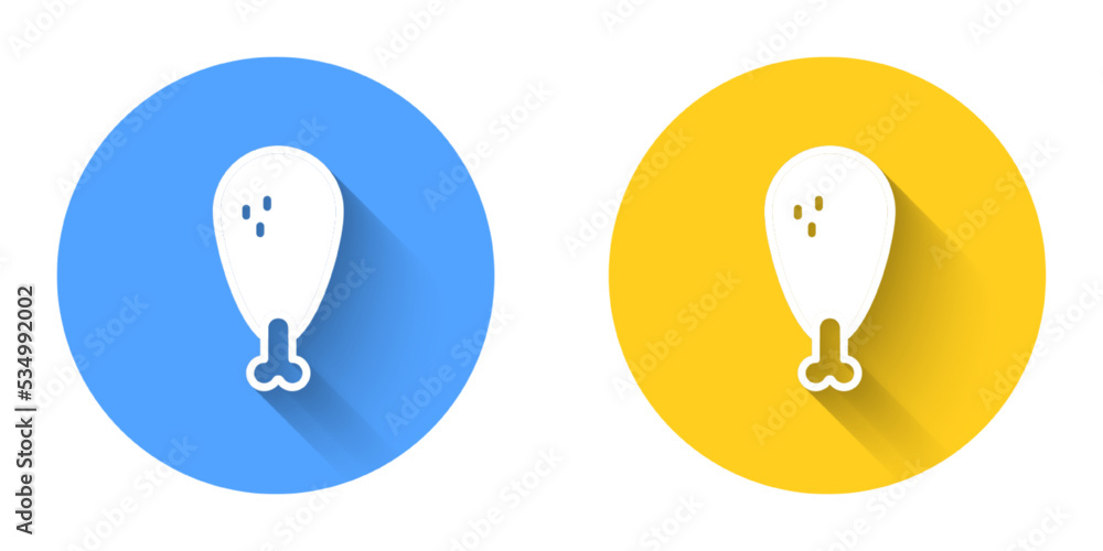 White Chicken leg icon isolated with long shadow background. Chicken drumstick. Circle button. Vector White Chicken leg icon isolated with long shadow background. Chicken drumstick. Circle button. Vector