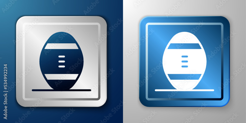 White American Football ball icon isolated on blue and grey background. Rugby ball icon. Team sport game symbol. Silver and blue square button. Vector White American Football ball icon isolated on blue and grey background. Rugby ball icon. Team sport game symbol. Silver and blue square button. Vector