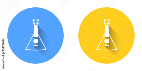 White Musical instrument balalaika icon isolated with long shadow background. Circle button. Vector