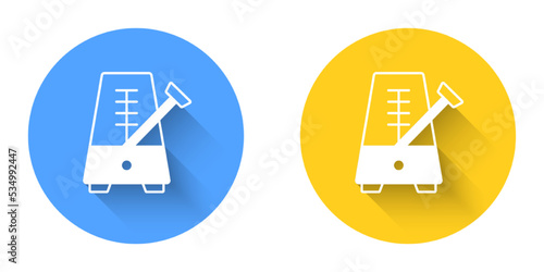 White Classic Metronome with pendulum in motion icon isolated with long shadow background. Equipment of music and beat mechanism. Circle button. Vector