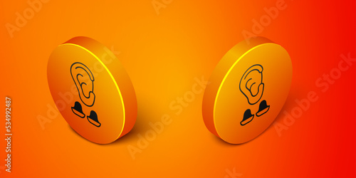 Isometric Earplugs and ear icon isolated on orange background. Ear plug sign. Noise symbol. Sleeping quality concept. Orange circle button. Vector