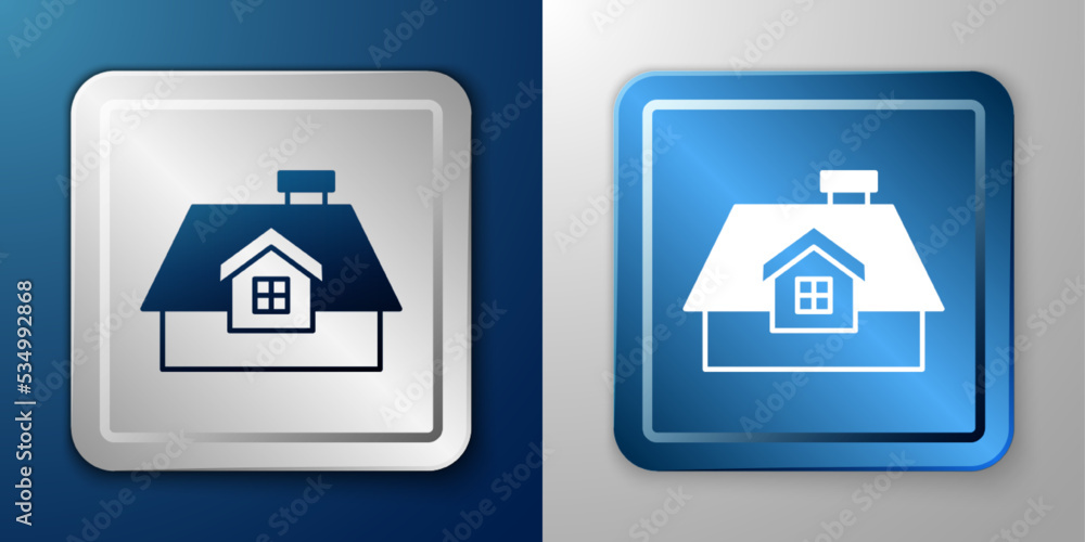 White House icon isolated on blue and grey background. Home symbol. Silver and blue square button. Vector White House icon isolated on blue and grey background. Home symbol. Silver and blue square button. Vector