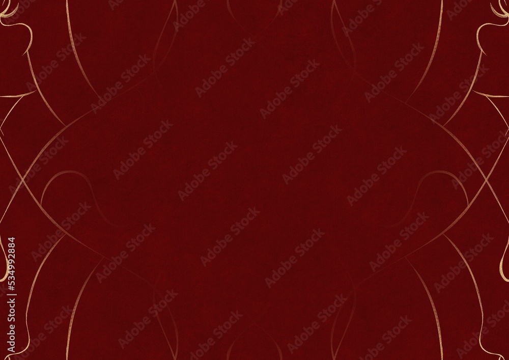 Deep red textured paper with vignette of golden hand-drawn pattern. Copy space. Digital artwork, A4. (pattern: p08-1a)