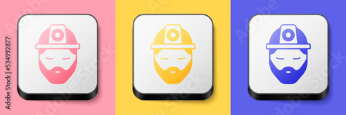 Isometric Builder icon isolated on pink, yellow and blue background. Construction worker. Square button. Vector