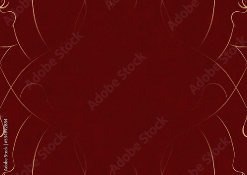 Deep red textured paper with vignette of golden hand-drawn pattern. Copy space. Digital artwork, A4. (pattern: p08-1a)