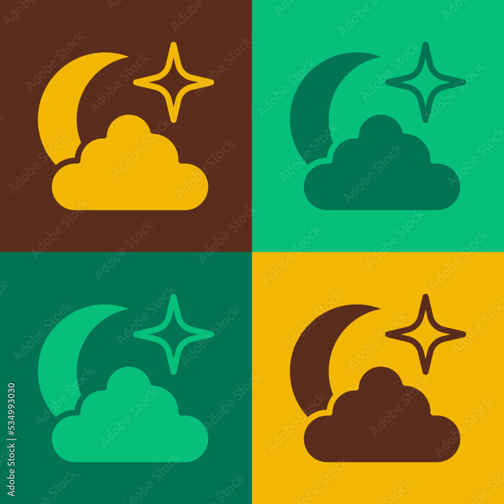 Pop art Moon and stars icon isolated on color background. Cloudy night sign. Sleep dreams symbol. Full moon. Night or bed time sign. Vector