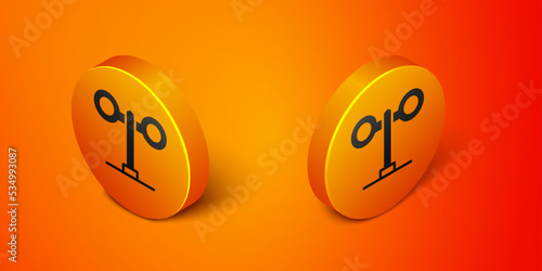 Isometric Train traffic light icon isolated on orange background. Traffic lights for the railway to regulate the movement of trains. Orange circle button. Vector